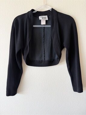 90s Tadashi Black Cropped Bolero Shrug Jacket Long Sleeve Open Front